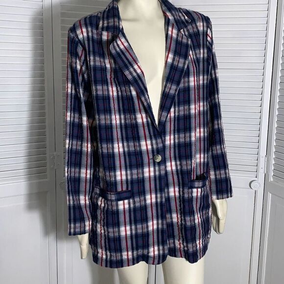 Vintage Main Street Blues Oversized Cotton Plaid Blazer Size B2 - Picture 2 of 14